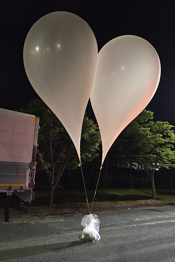 Des ballons remplis de déchets envoyés par la Corée du Nord, dans la province de Chungcheong (Corée du Sud), le 29 mai 2024.