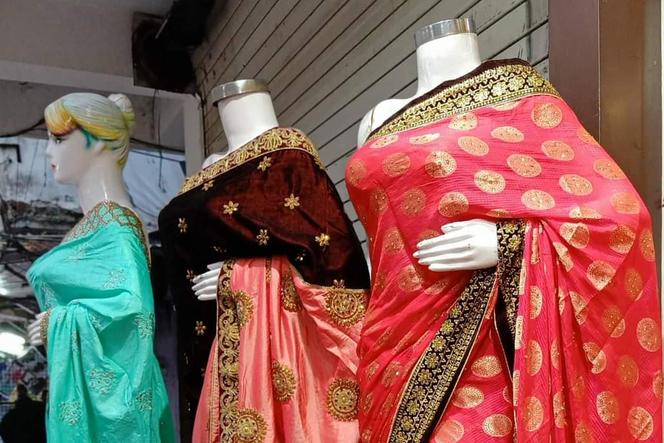 Sari on mannequin for demonstration, in Sant Hirdaram Nagar, India, in 2018.
