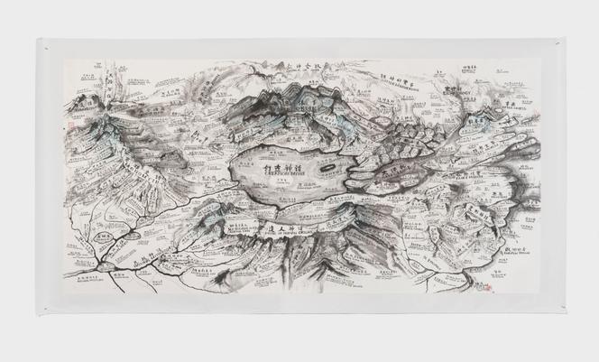 “Map of Mythology”, by Qiu Zhijie, at Galleria Continua, in Paris. Indian ink on paper. 245 x 125 cm