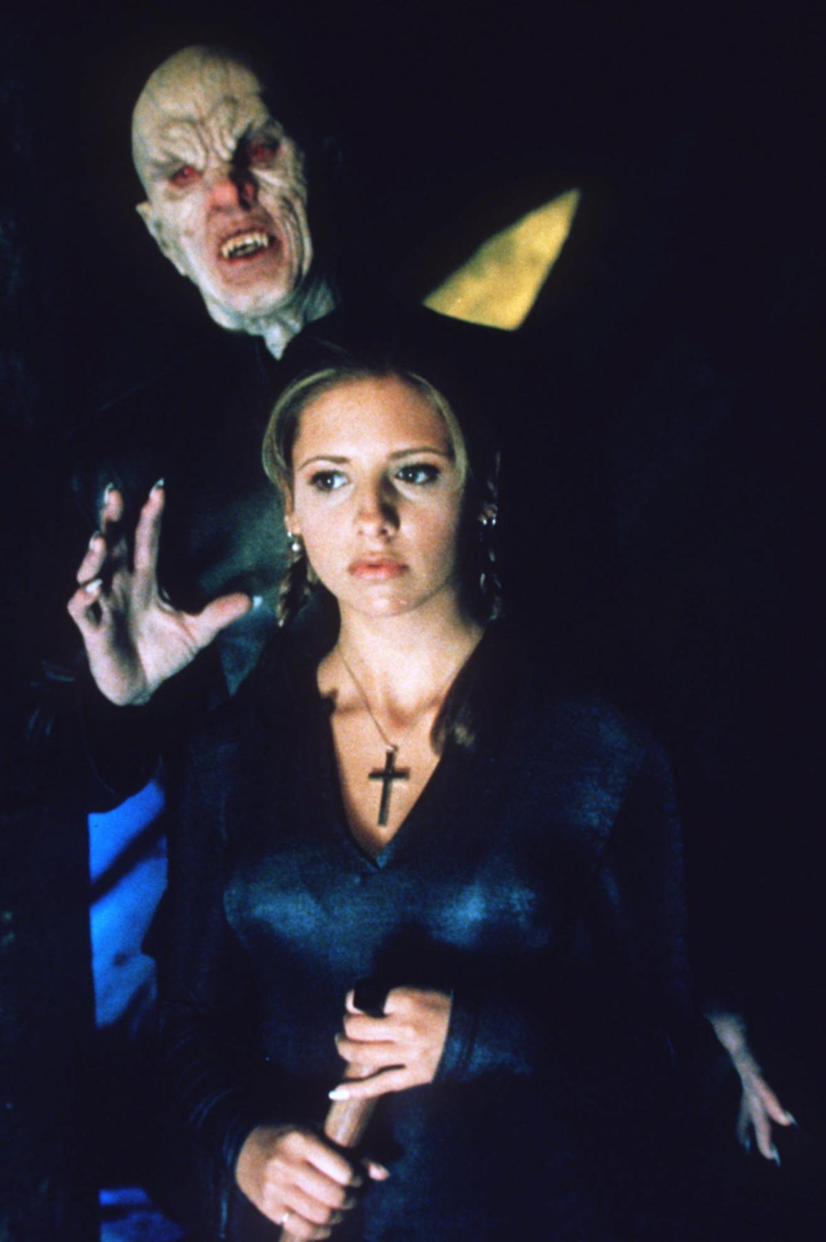 Sarah Michelle Gellar as Buffy and Mark Metcalf as The Master are shown in an undated scene from 